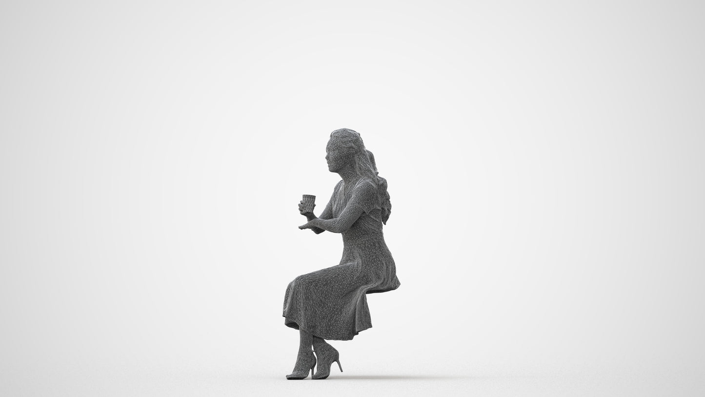 3D human model woman casual sitting, photogrammetry scanned person for archviz, square thumbnail