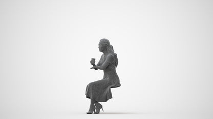 3D human model woman casual sitting, photogrammetry scanned person for archviz, square thumbnail