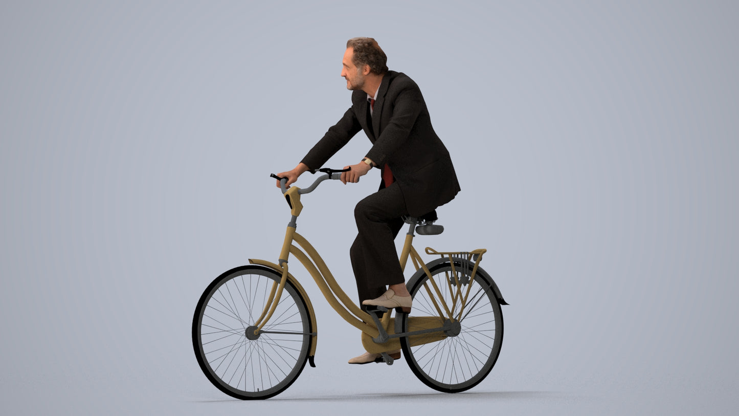 realistic 3D people man business cycling, render-ready for V-Ray and Corona, FBX OBJ, three-quarter view render