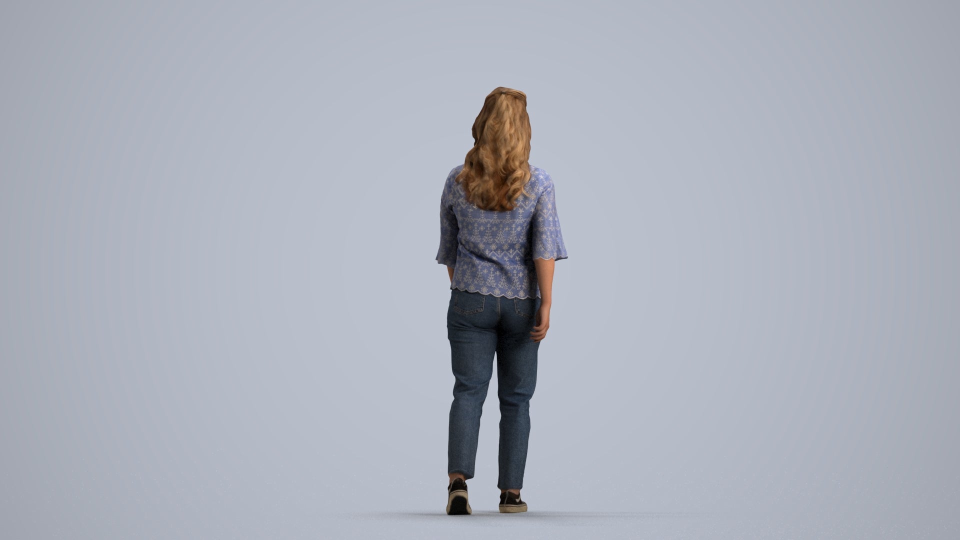3D scanned woman walking casual, photorealistic archviz people for Enscape and SketchUp, front view render