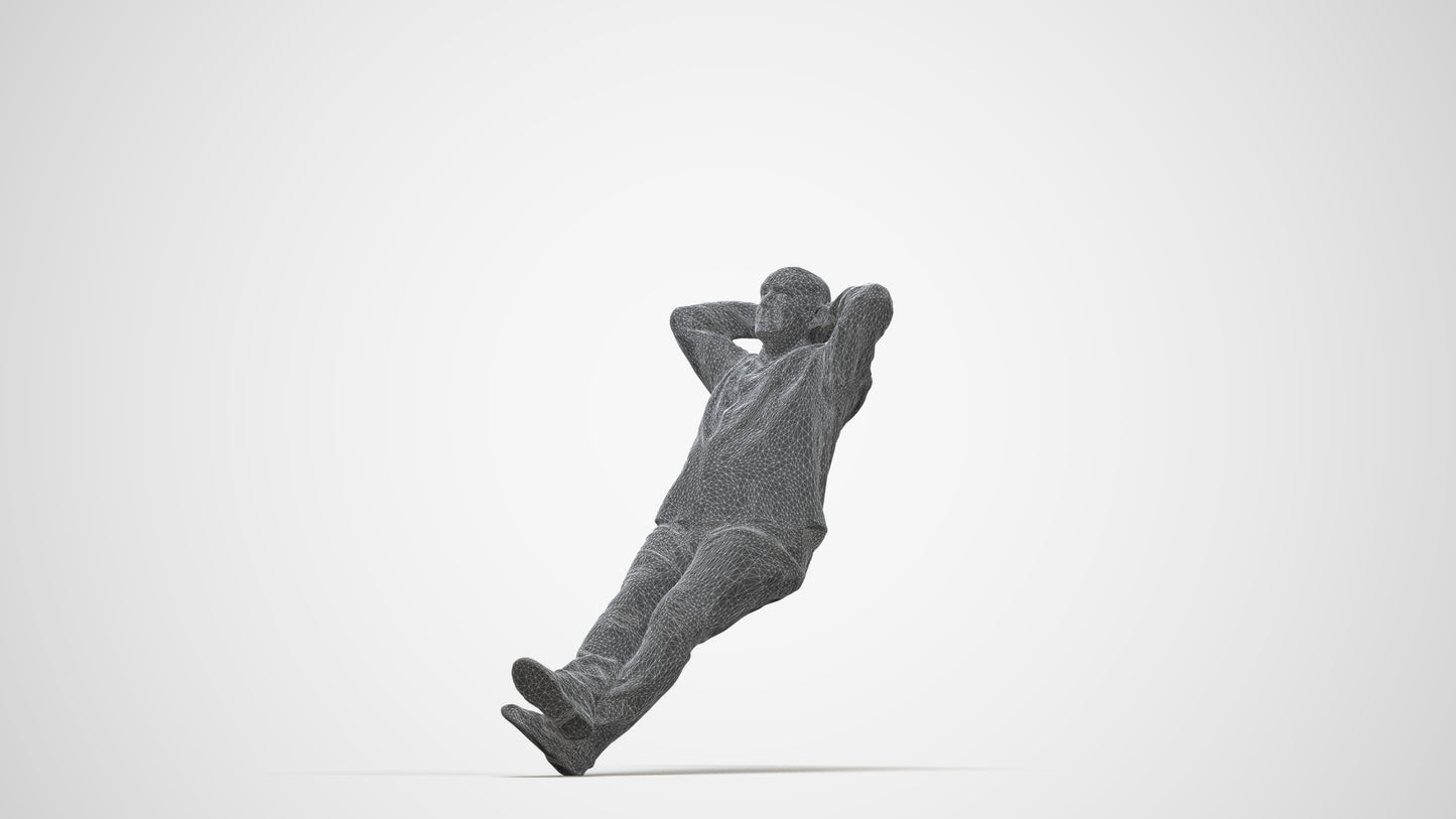 3D human model senior man casual sitting, photogrammetry scanned person for archviz, wireframe back view