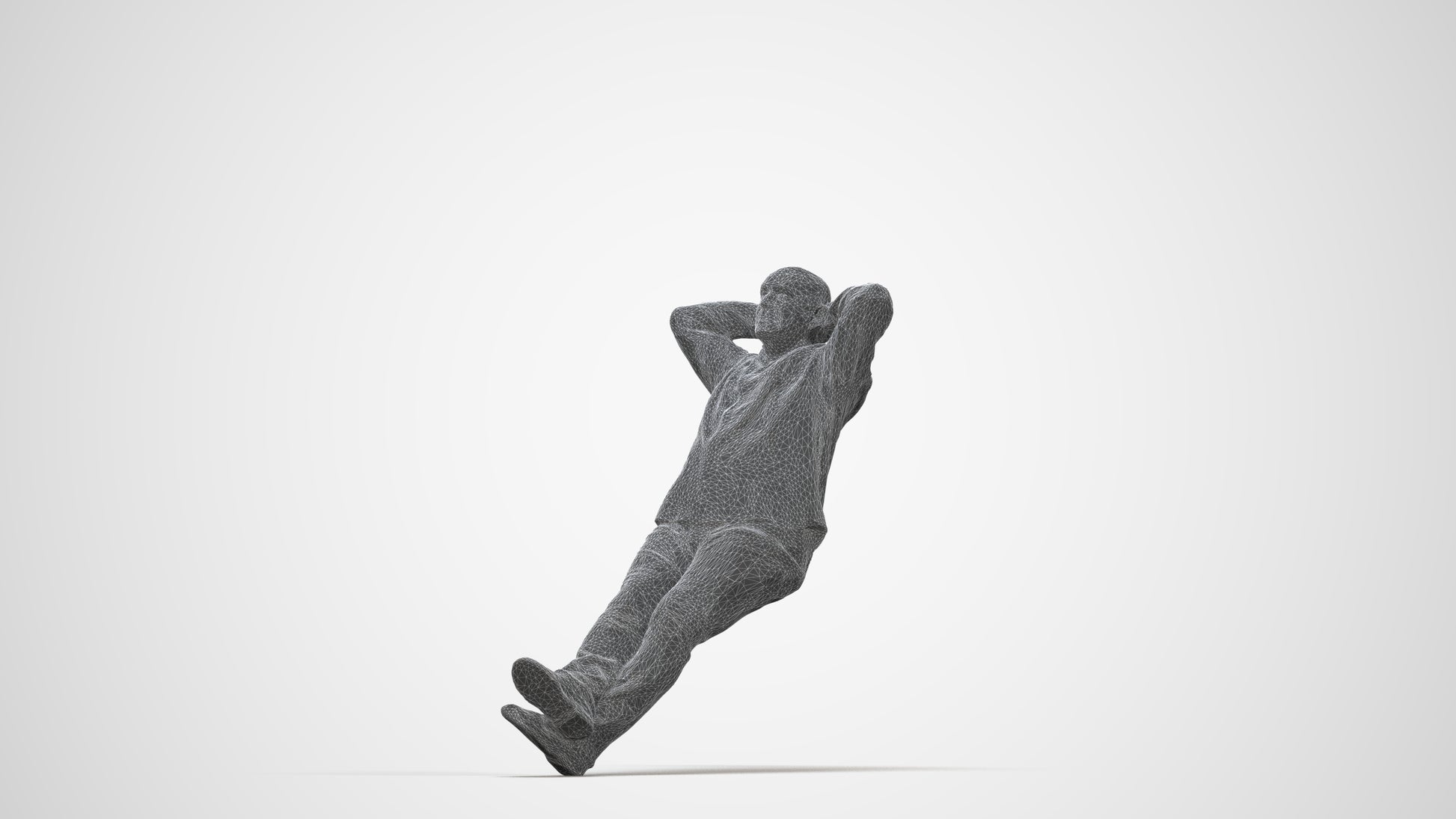 3D human model senior man casual sitting, photogrammetry scanned person for archviz, wireframe back view