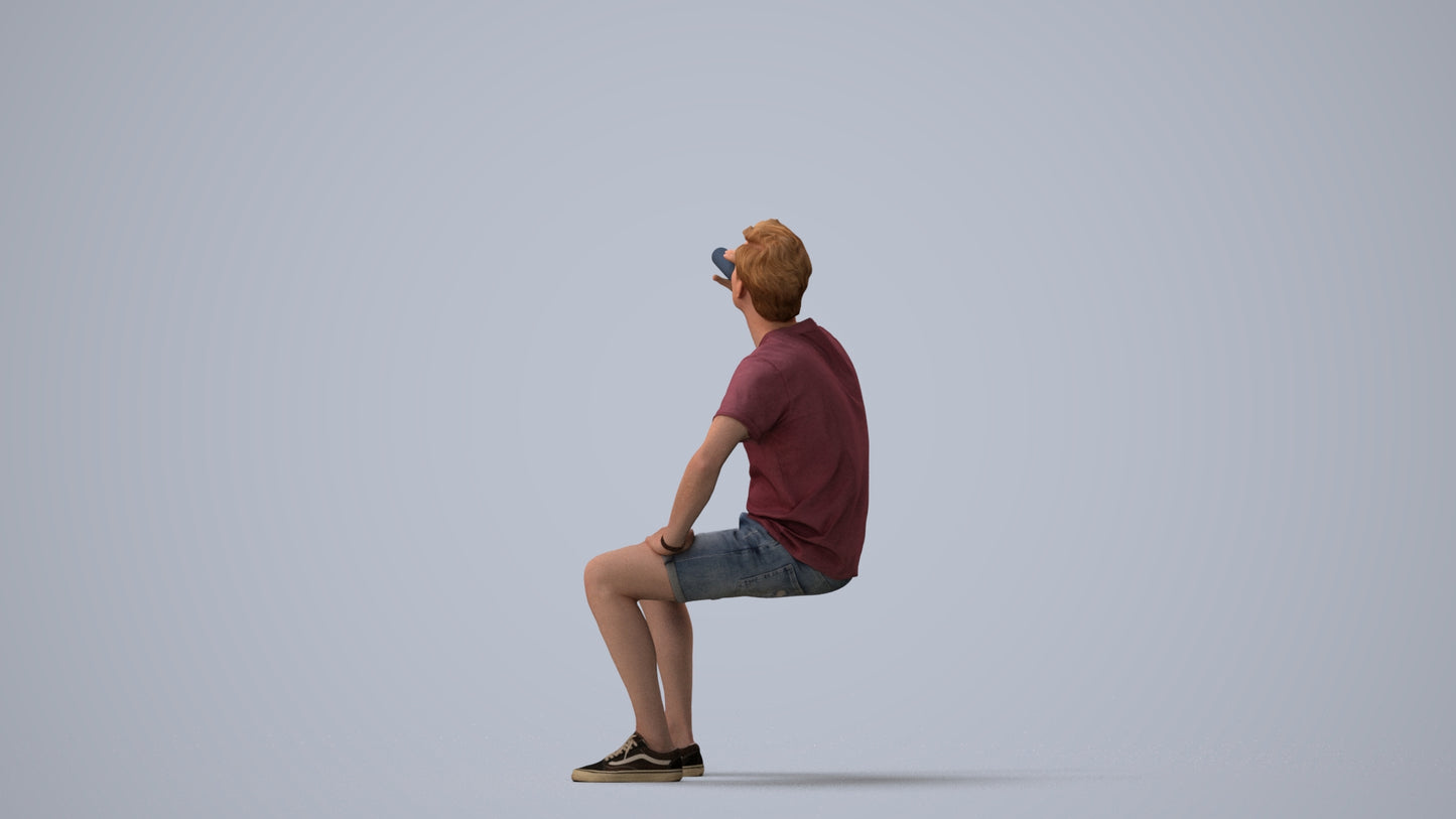 3D scanned man sitting casual, photorealistic archviz people for Enscape and SketchUp, three-quarter view render