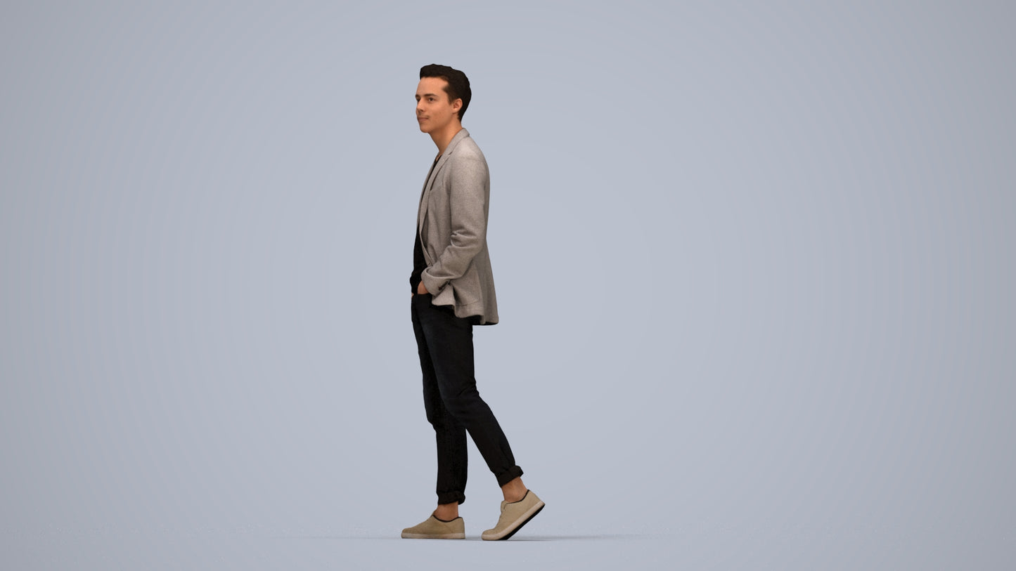 3D scanned man walking business, photorealistic archviz people for Enscape and SketchUp, top-down view render