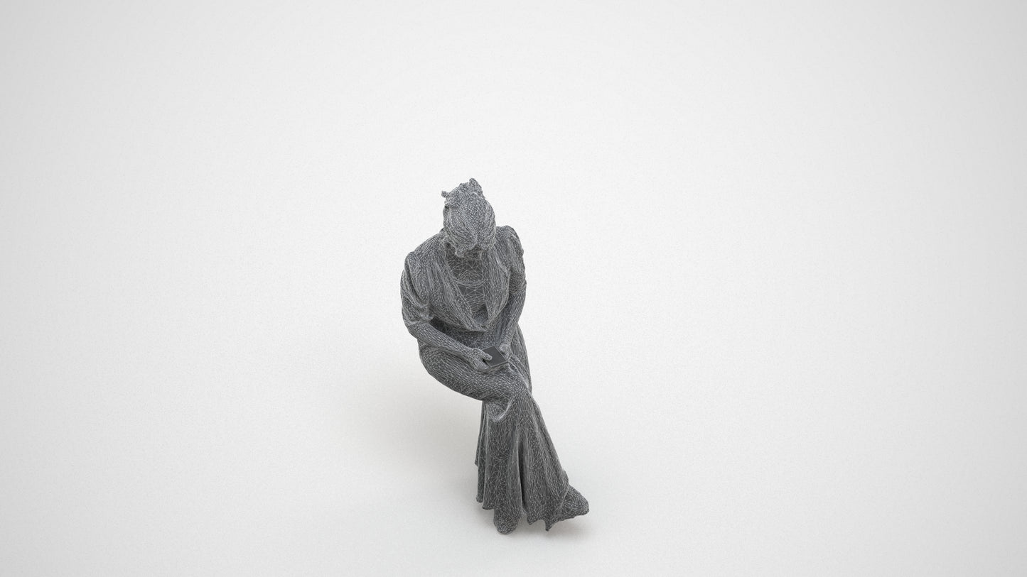realistic 3D woman casual standing, scanned archviz people for Blender and 3ds Max, wireframe three-quarter view