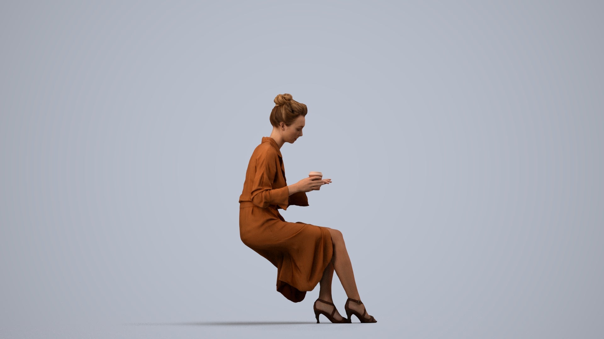 realistic 3D people woman casual sitting, render-ready for V-Ray and Corona, FBX OBJ, side view render