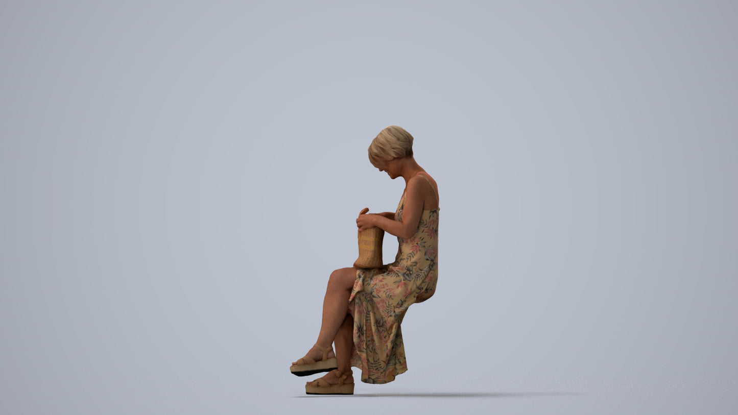 3D human model senior woman sitting, photogrammetry scanned person for archviz, three-quarter view render