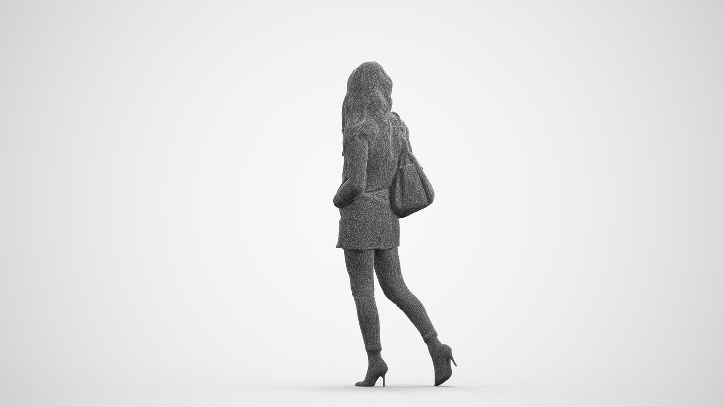 3D people model woman casual walking, scanned human for 3ds Max rendering, wireframe front view