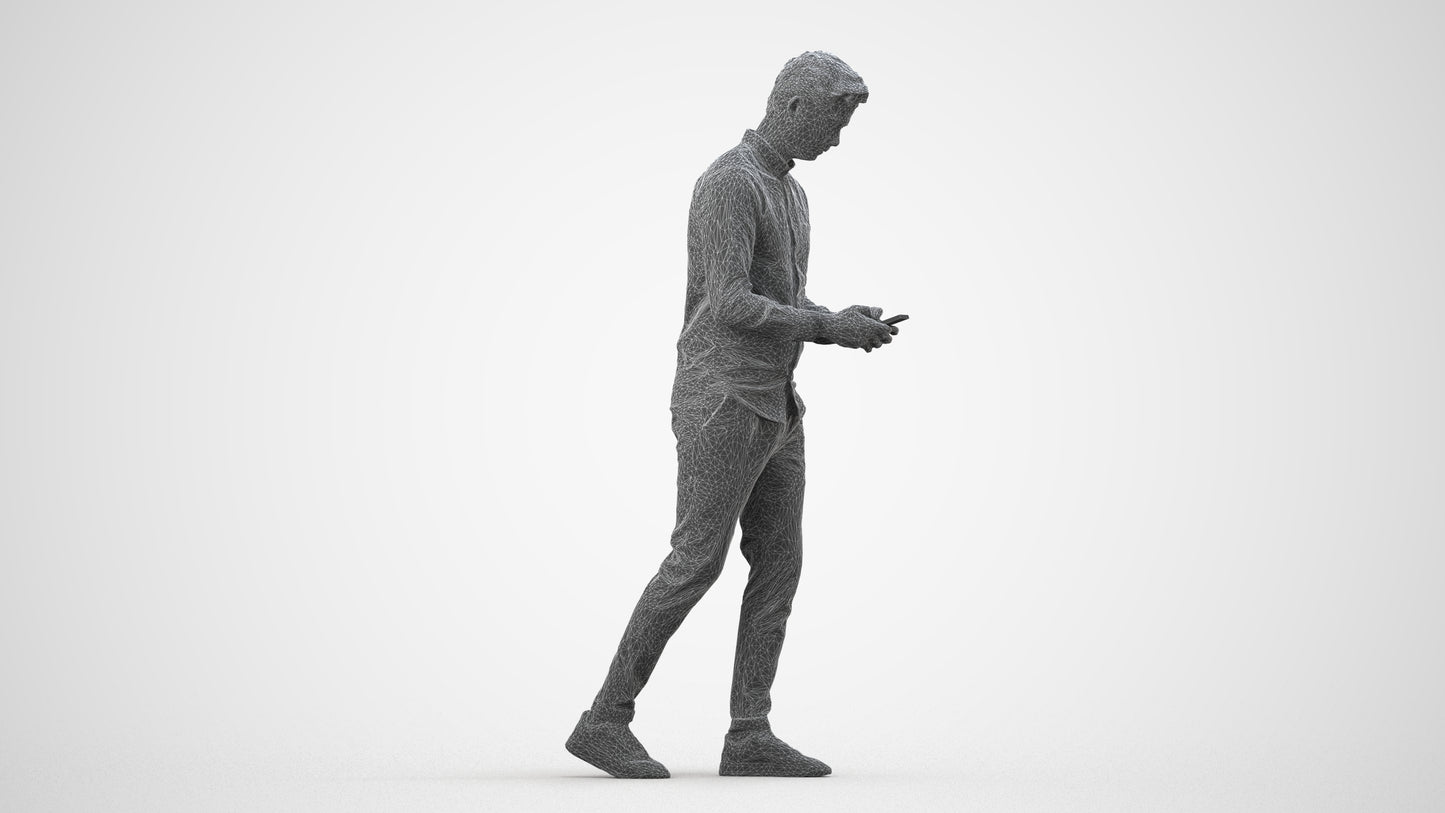 realistic 3D man casual walking, scanned archviz people for Blender and 3ds Max, wireframe side view