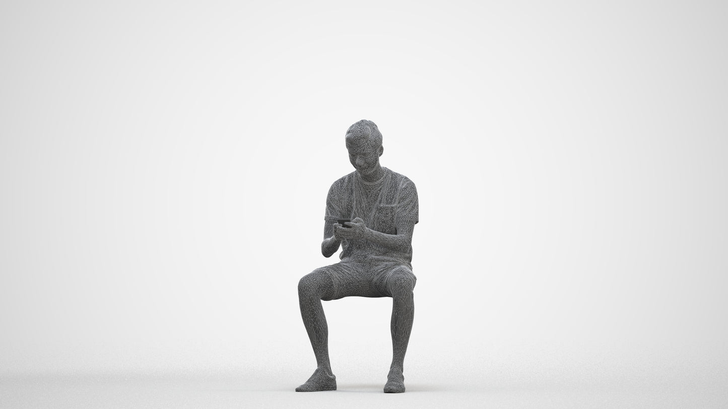 3D scanned man sitting casual, photorealistic archviz people for Enscape and SketchUp, three-quarter front view render