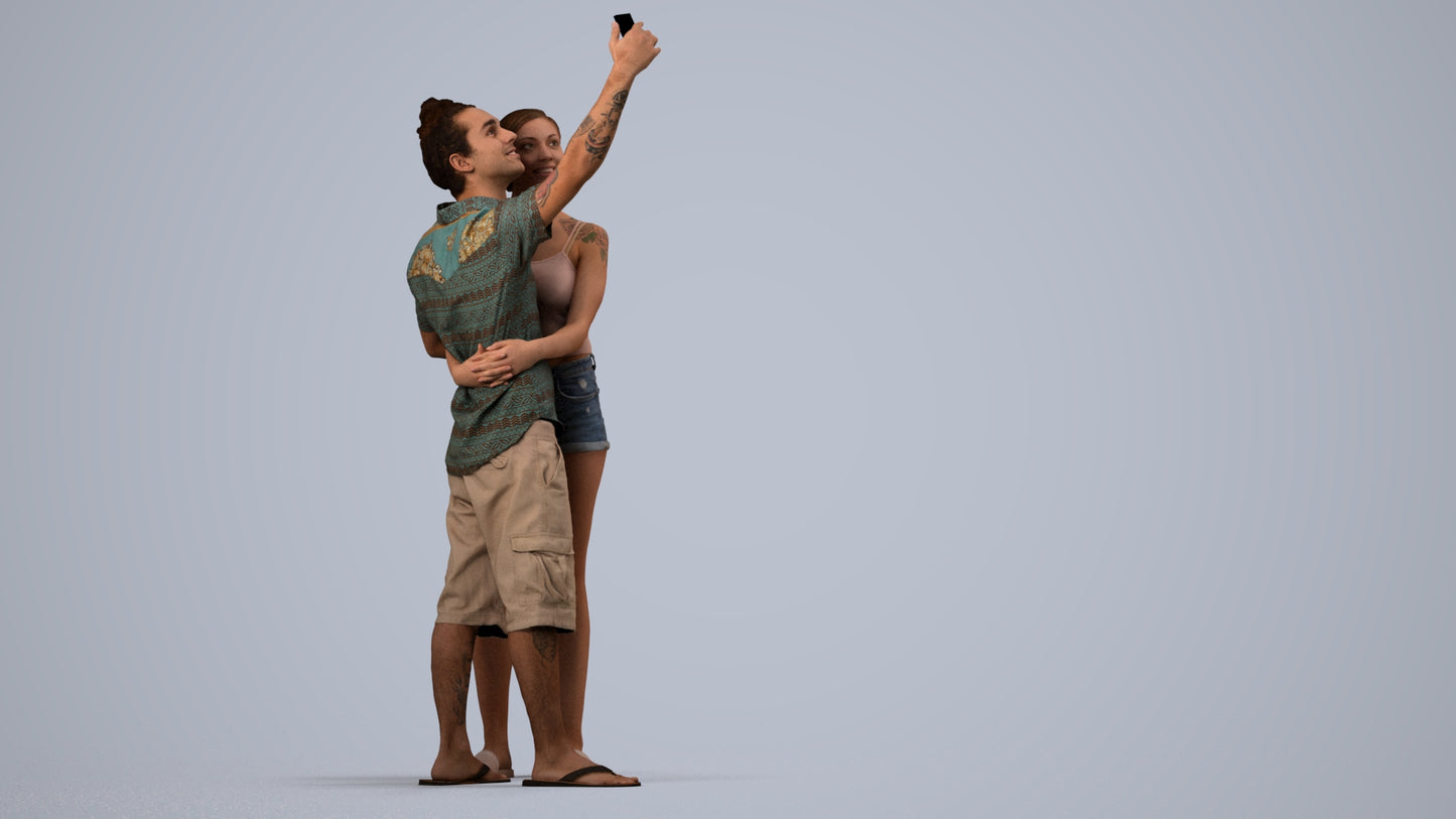 3D human model woman couple, photogrammetry scanned person for archviz, side view render