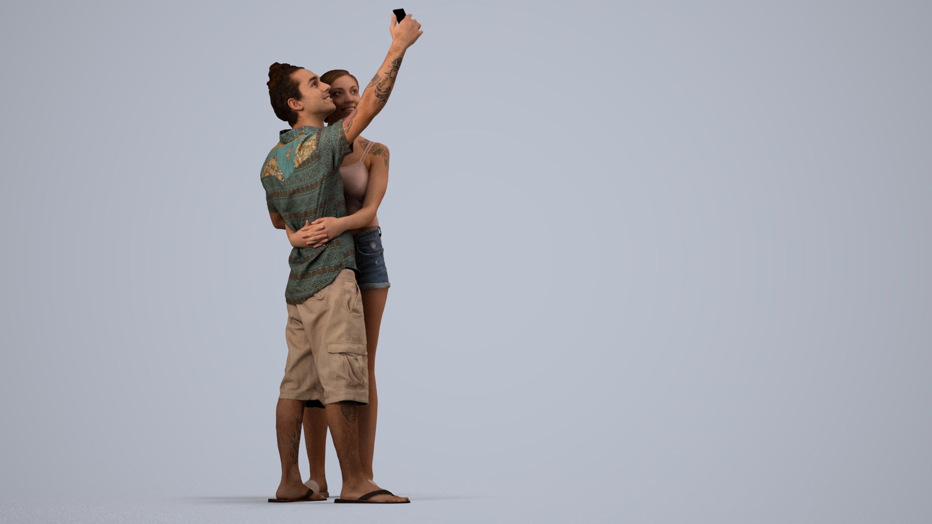 3D human model woman couple, photogrammetry scanned person for archviz, side view render