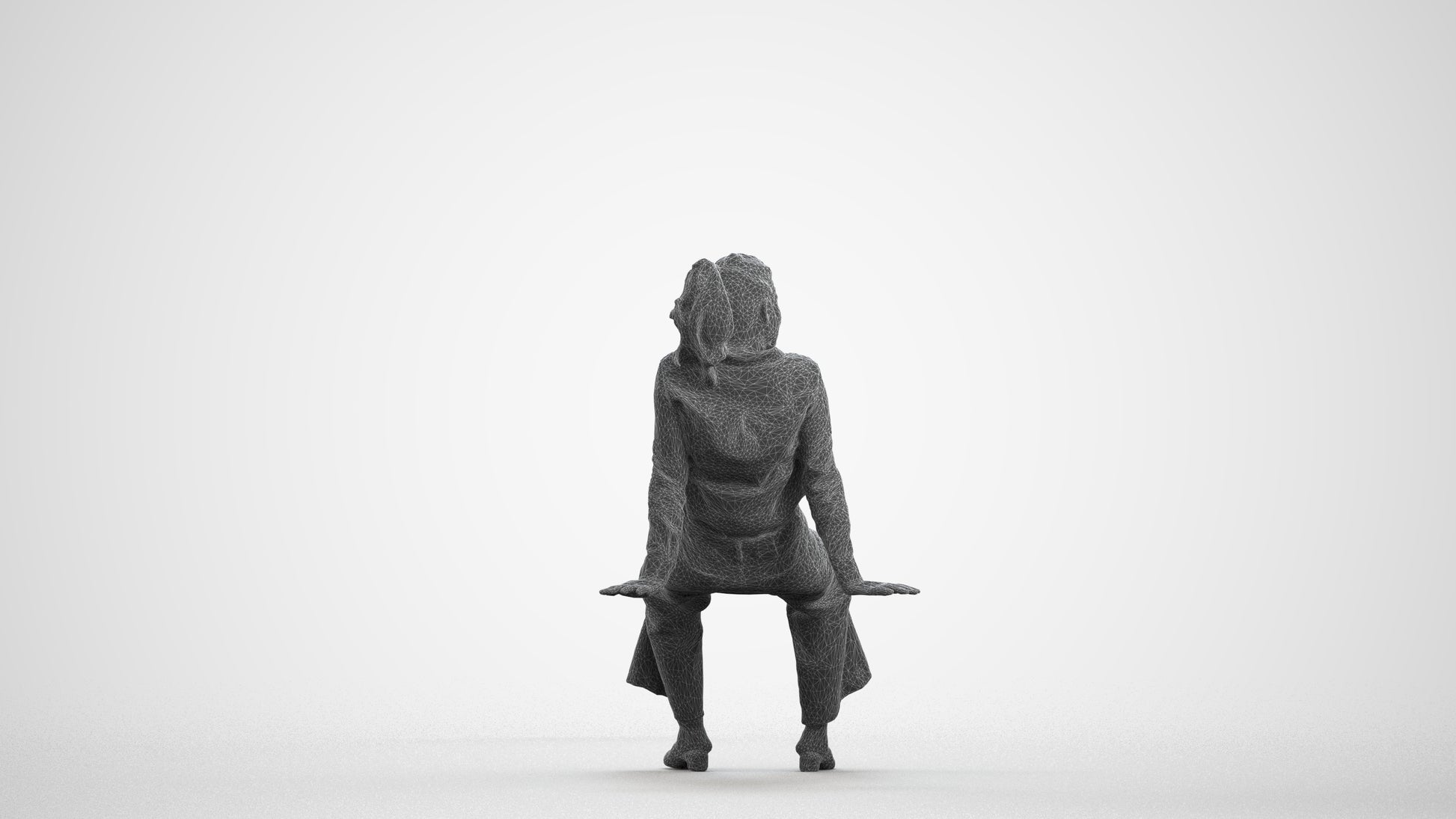 3D scanned woman sitting casual, photorealistic archviz people for Enscape and SketchUp, wireframe front view