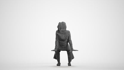 3D scanned woman sitting casual, photorealistic archviz people for Enscape and SketchUp, wireframe front view