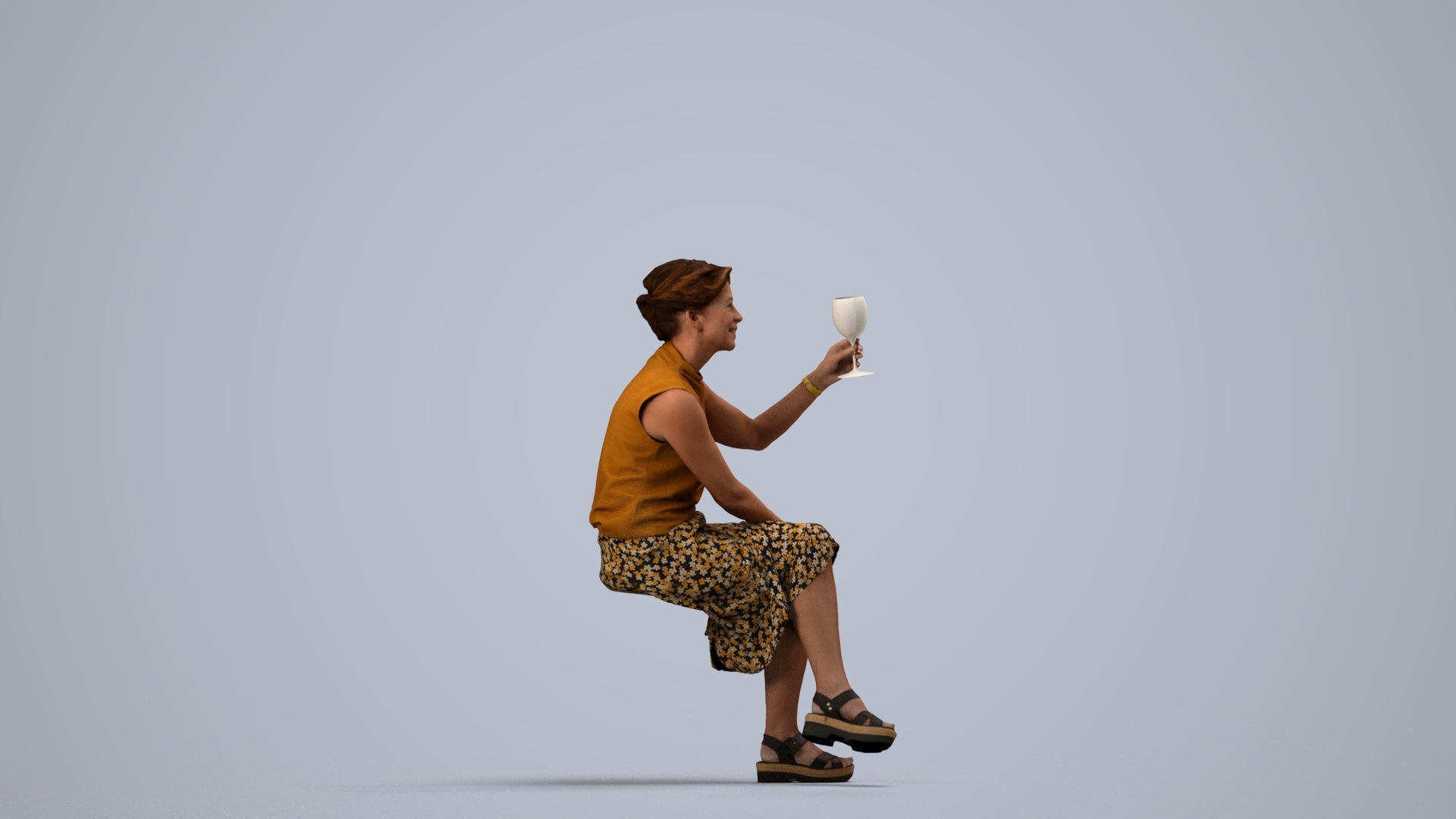 3D scanned woman sitting casual, photorealistic archviz people for Enscape and SketchUp, side view render