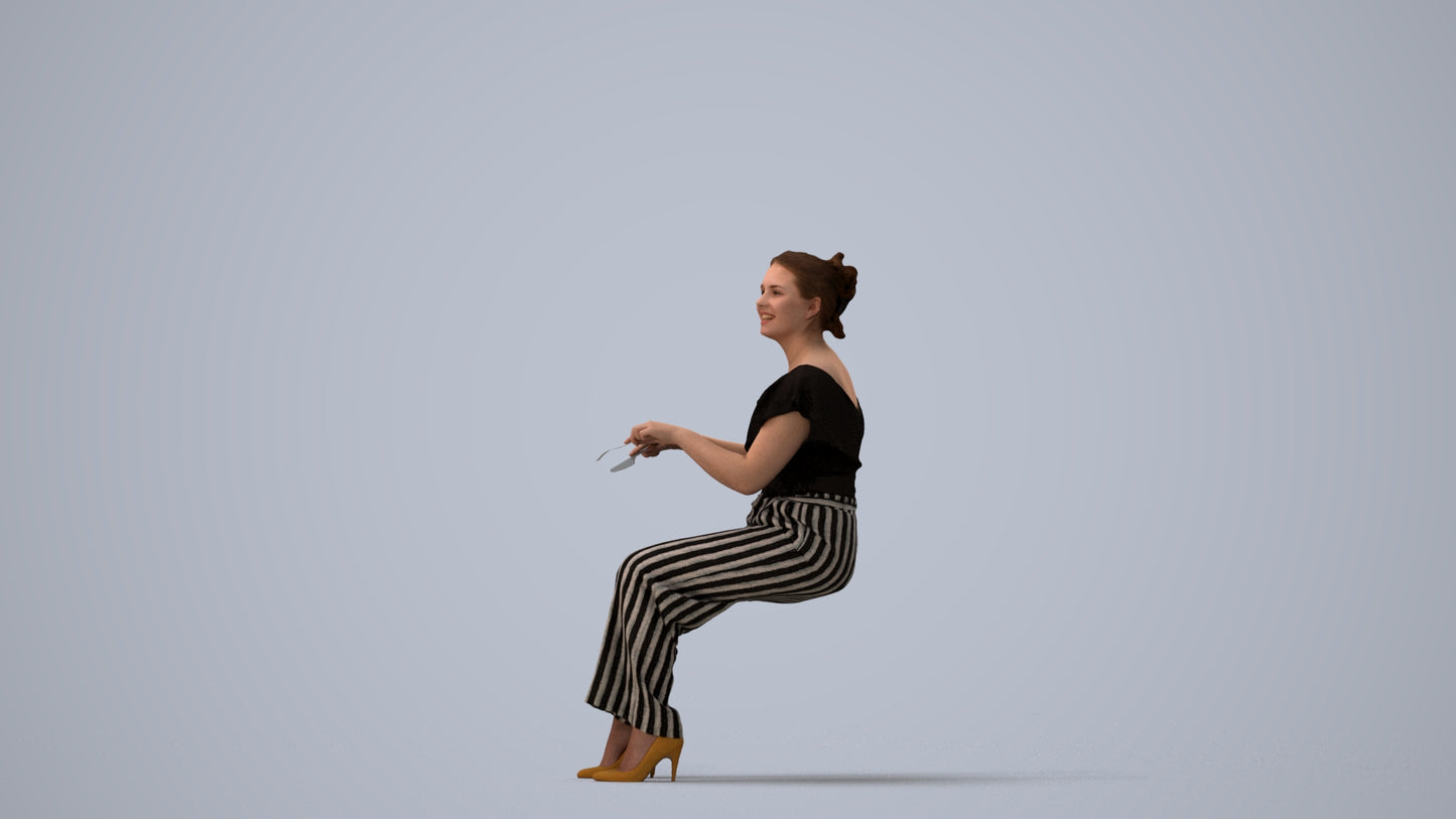3D scanned woman sitting casual, photorealistic archviz people for Enscape and SketchUp, three-quarter view render