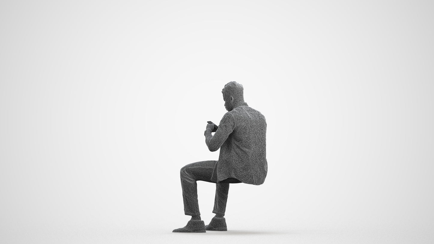 photogrammetry 3D man business sitting, realistic human model archviz FBX, wireframe front view