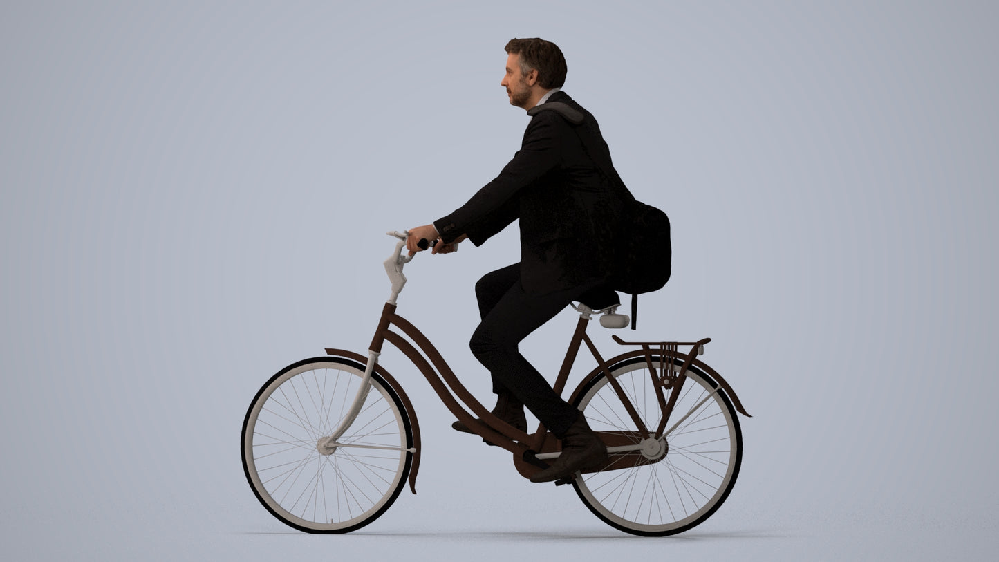 3D human model man business cycling, photogrammetry scanned person for archviz, three-quarter view render