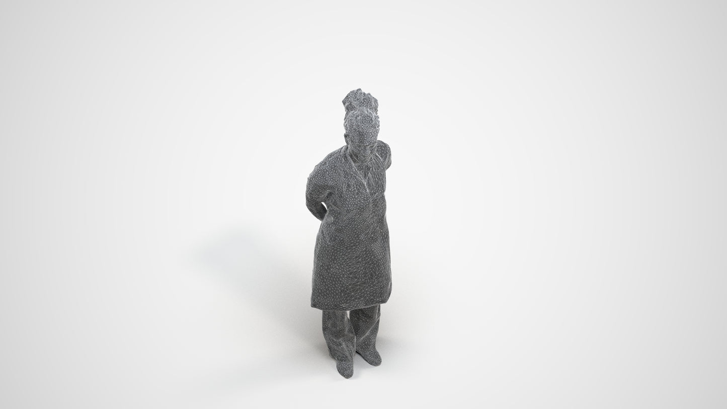 realistic 3D human woman hospitality, archviz people FBX OBJ for Blender, wireframe three-quarter view