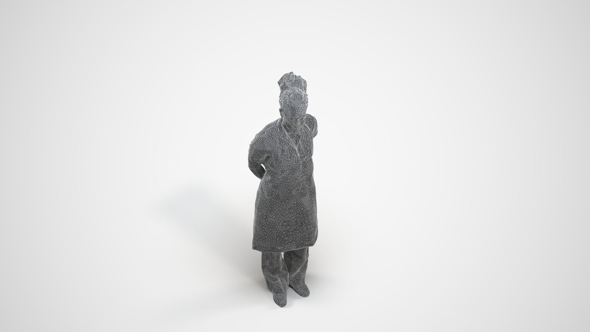 realistic 3D human woman hospitality, archviz people FBX OBJ for Blender, wireframe three-quarter view
