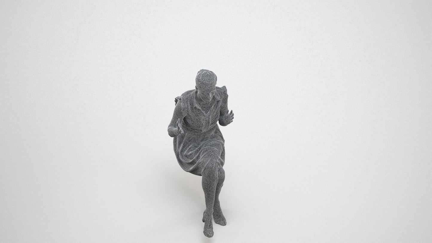 realistic 3D human woman casual sitting, archviz people FBX OBJ for Blender, wireframe three-quarter view