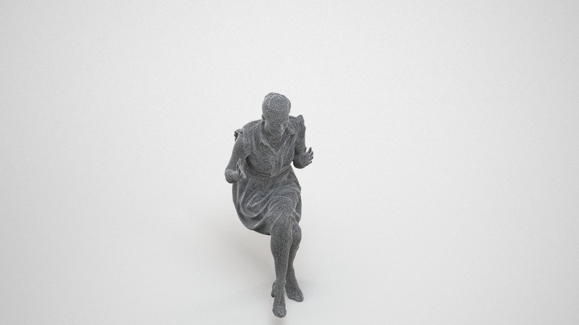 realistic 3D human woman casual sitting, archviz people FBX OBJ for Blender, wireframe three-quarter view