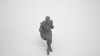 realistic 3D human woman casual sitting, archviz people FBX OBJ for Blender, wireframe three-quarter view