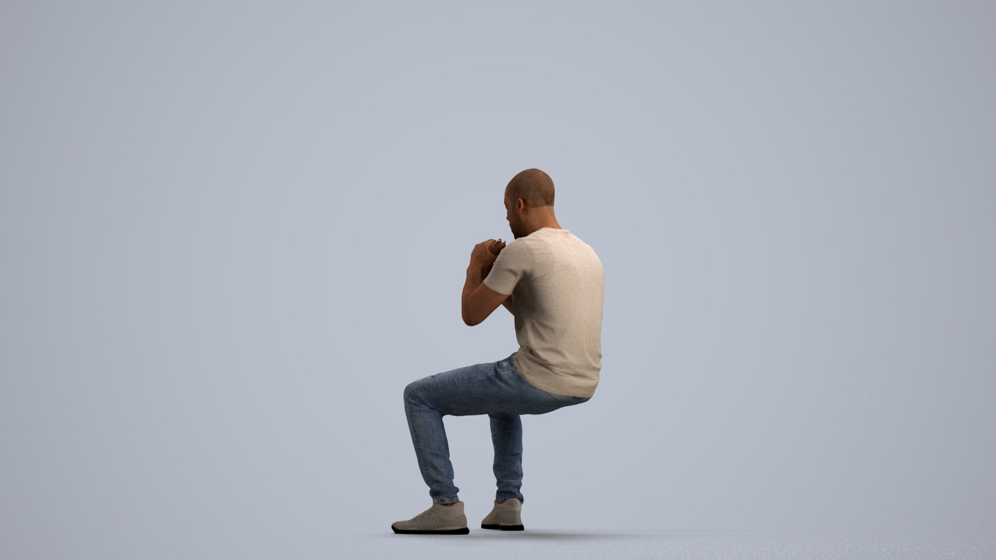 3D human model man casual sitting, photogrammetry scanned person for archviz, front view render