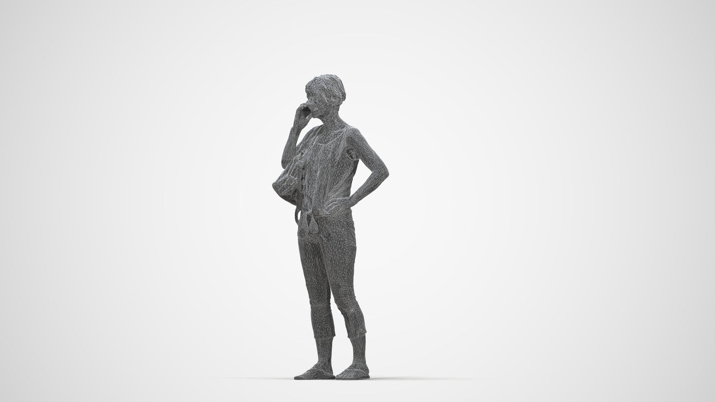 3D scanned senior woman standing, photorealistic archviz people for Enscape and SketchUp, wireframe back view
