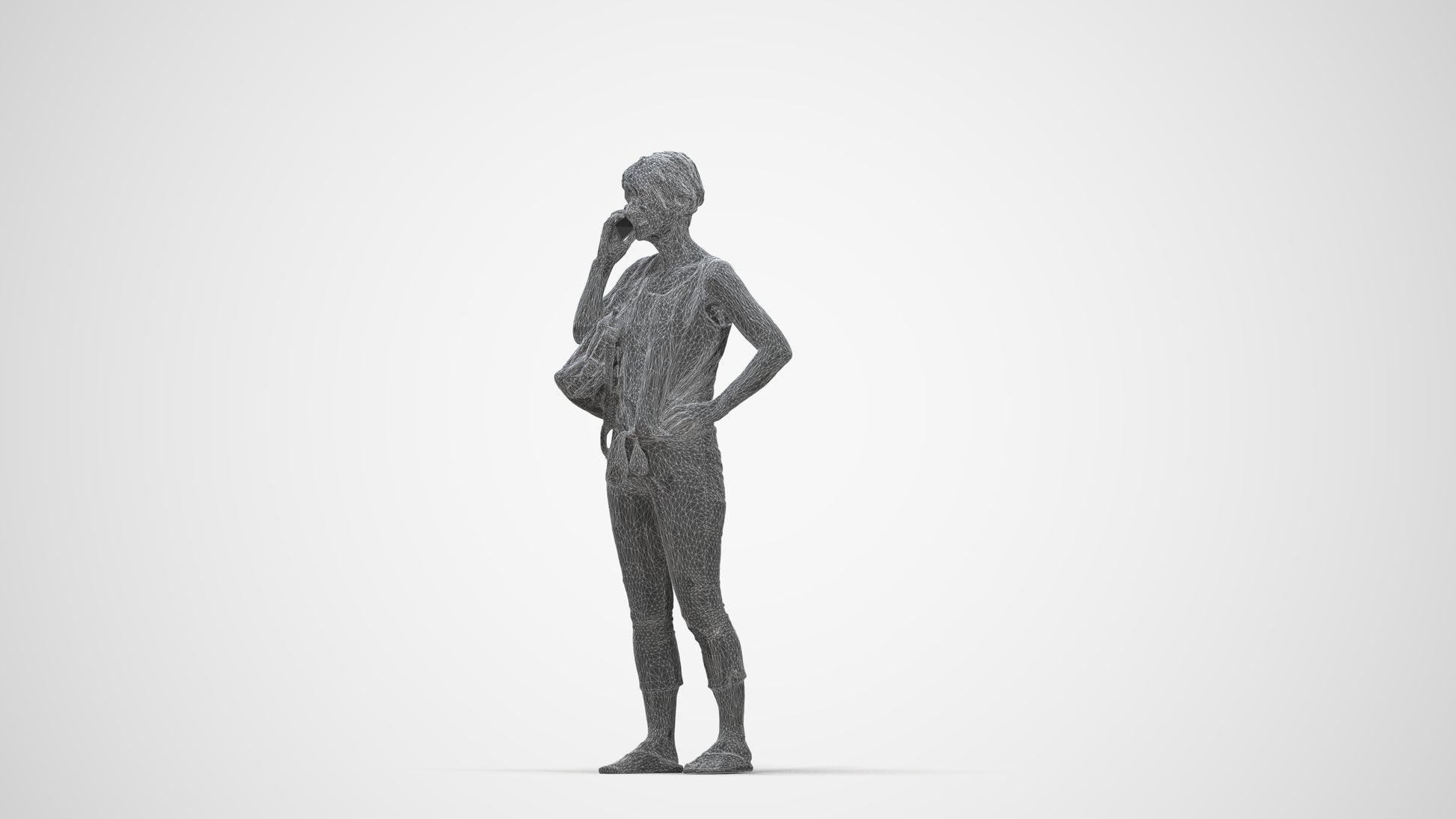 3D scanned senior woman standing, photorealistic archviz people for Enscape and SketchUp, wireframe back view