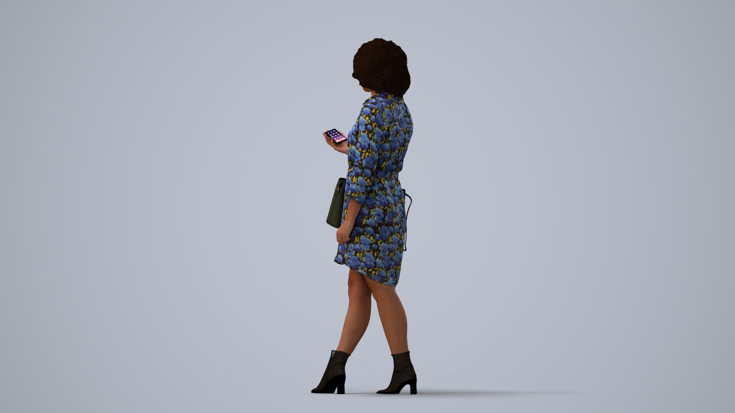 photogrammetry 3D woman casual walking, realistic human model archviz FBX, three-quarter view render