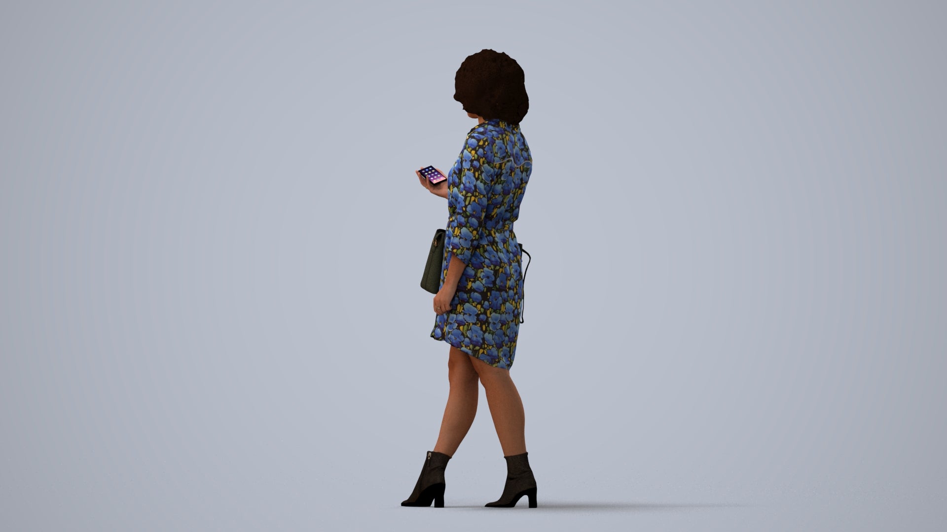 photogrammetry 3D woman casual walking, realistic human model archviz FBX, three-quarter view render