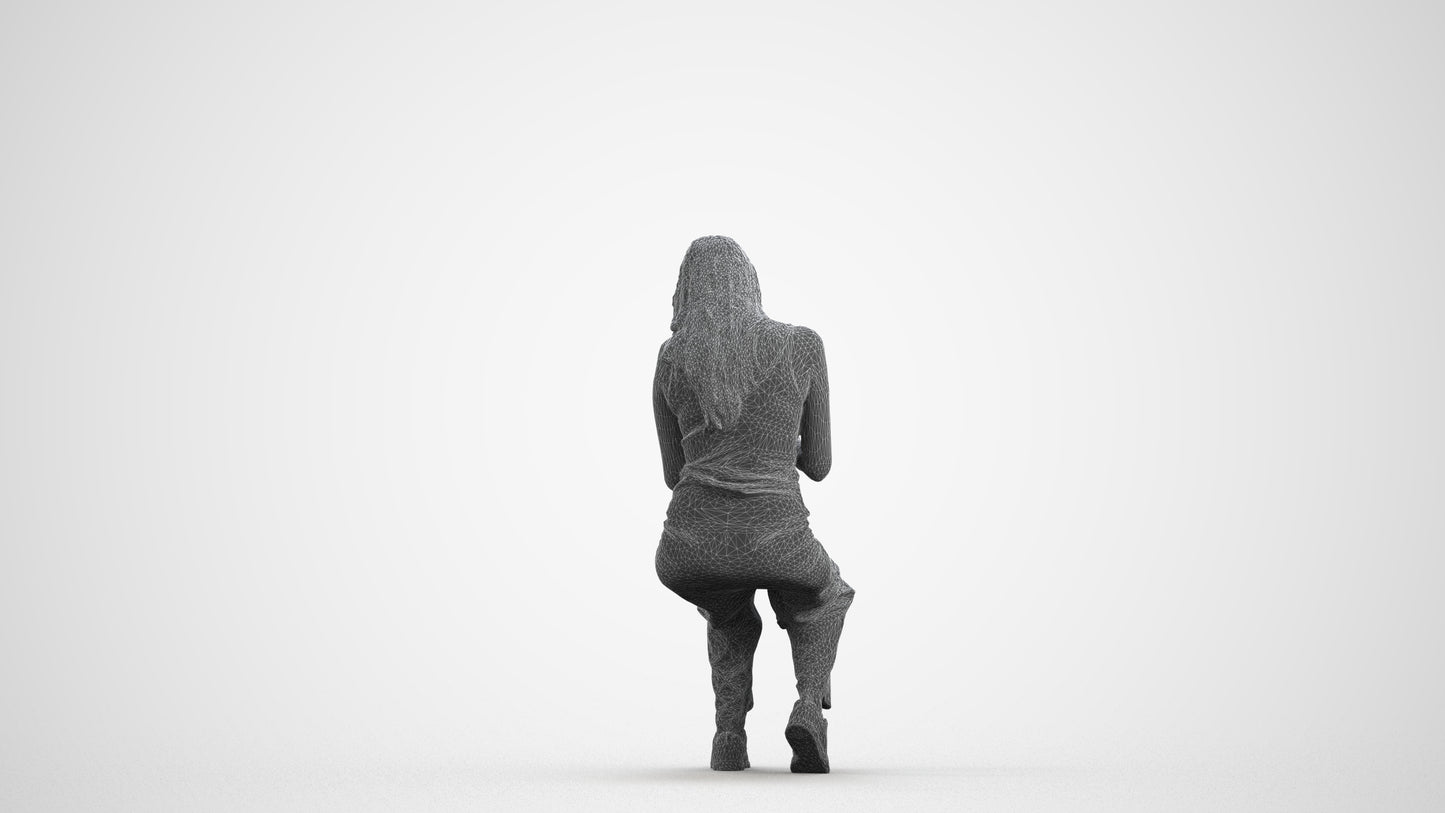 3D human model woman casual sitting, photogrammetry scanned person for archviz, wireframe front view