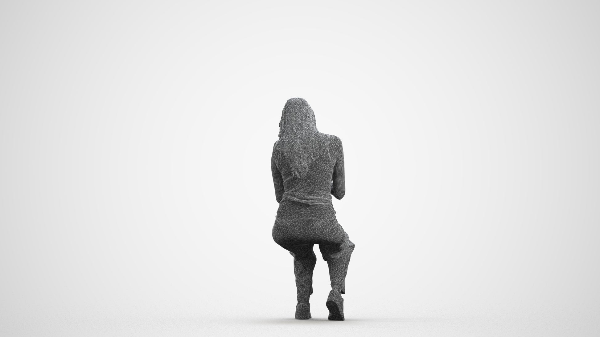 3D human model woman casual sitting, photogrammetry scanned person for archviz, wireframe front view
