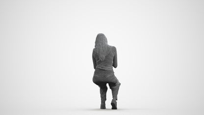 3D human model woman casual sitting, photogrammetry scanned person for archviz, wireframe front view