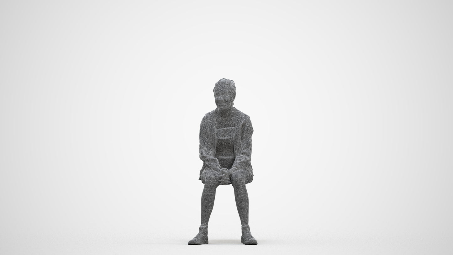 3D scanned woman sitting casual, photorealistic archviz people for Enscape and SketchUp, three-quarter front view render