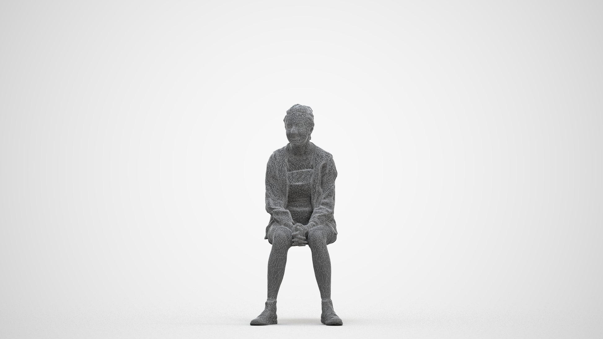 3D scanned woman sitting casual, photorealistic archviz people for Enscape and SketchUp, three-quarter front view render
