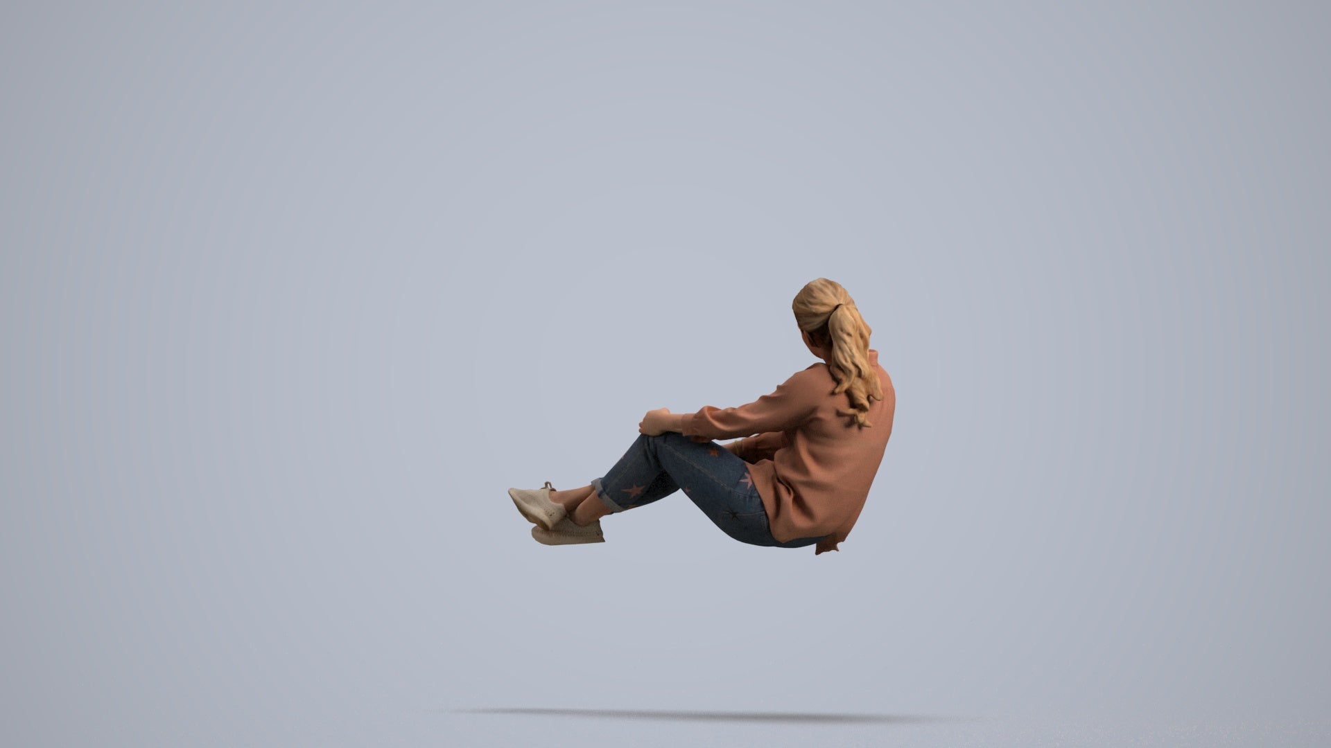 realistic 3D woman casual sitting, scanned archviz people for Blender and 3ds Max, front view render