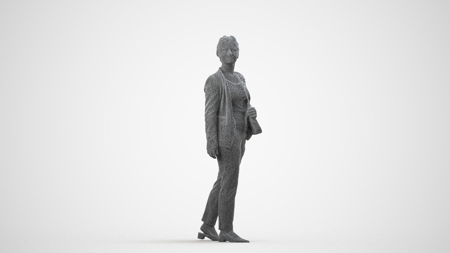 3D human model woman business walking, photogrammetry scanned person for archviz, wireframe side view