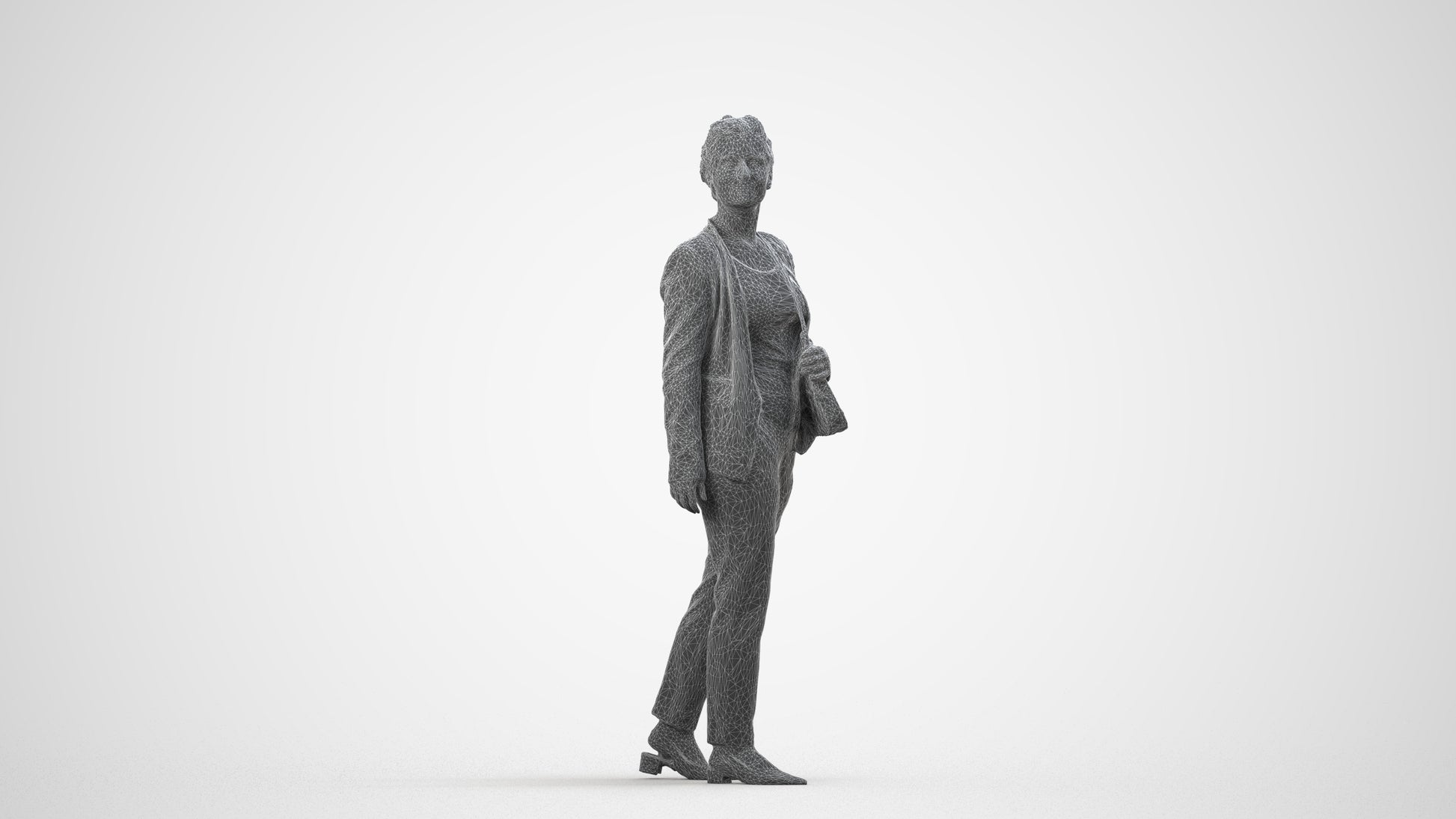 3D human model woman business walking, photogrammetry scanned person for archviz, wireframe side view