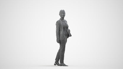 3D human model woman business walking, photogrammetry scanned person for archviz, wireframe side view