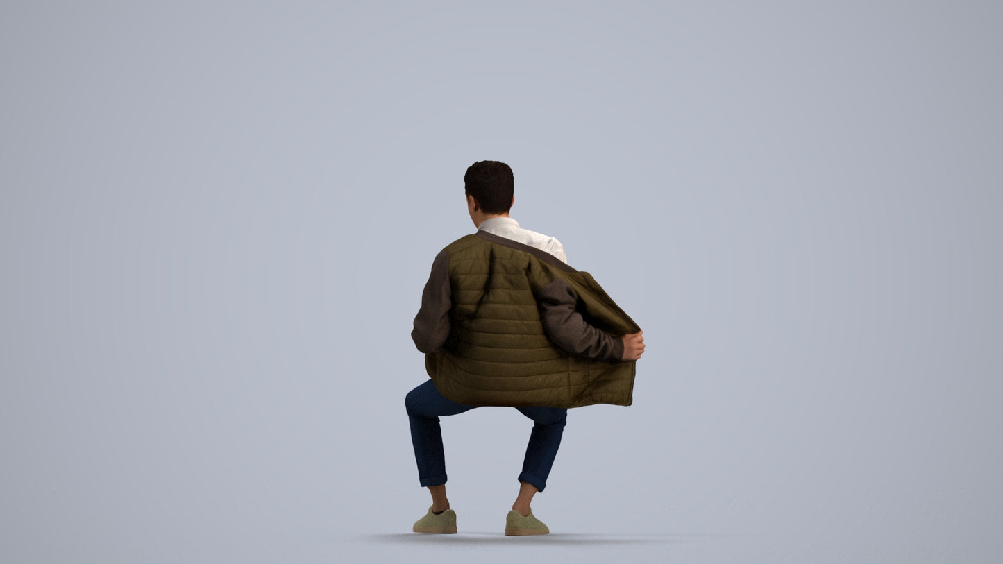 realistic 3D man casual sitting, scanned archviz people for Blender and 3ds Max, front view render