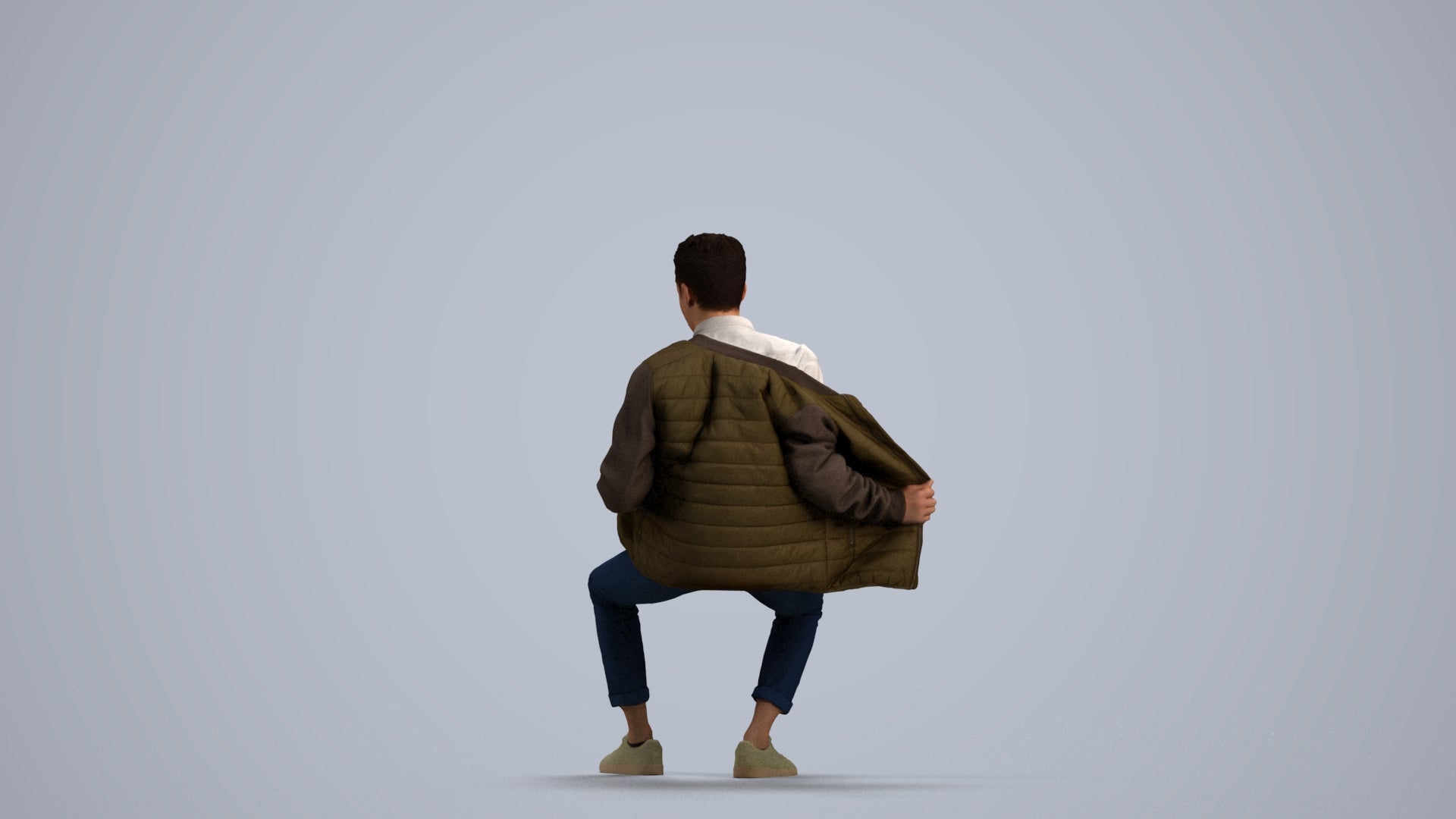realistic 3D man casual sitting, scanned archviz people for Blender and 3ds Max, front view render