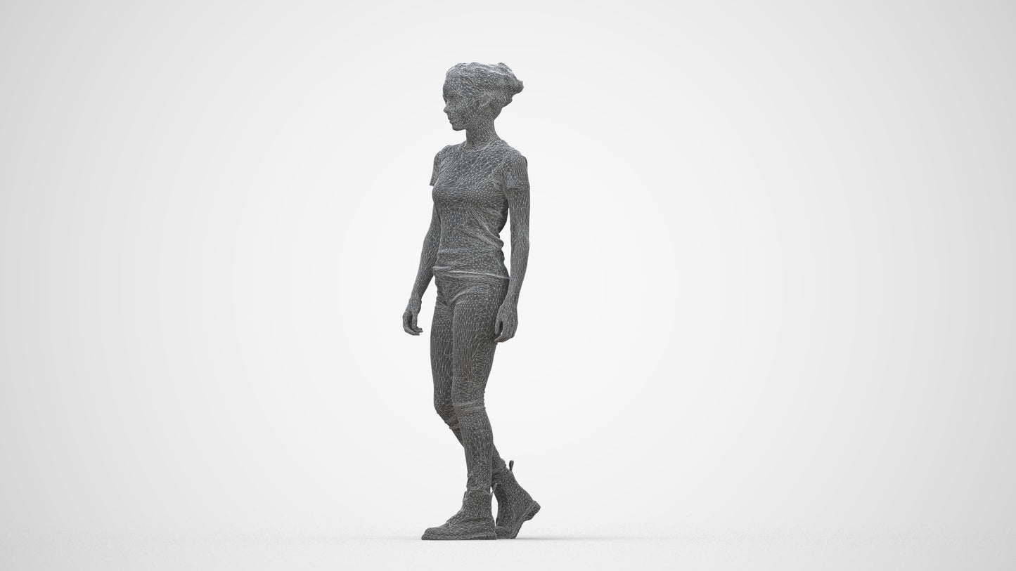 realistic 3D people woman casual walking, render-ready for V-Ray and Corona, FBX OBJ, wireframe back view