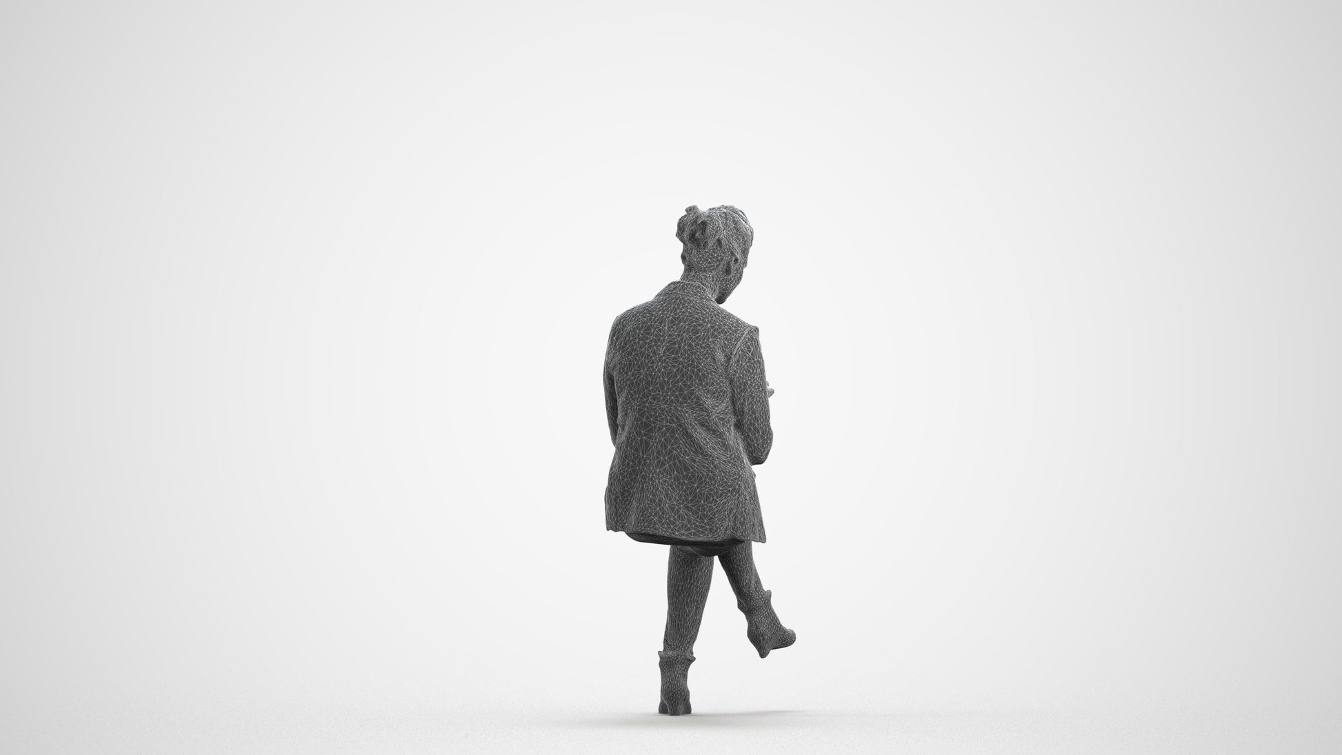 3D human model woman business sitting, photogrammetry scanned person for archviz, wireframe front view