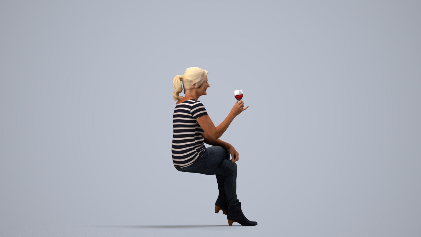 realistic 3D people senior woman casual sitting, render-ready for V-Ray and Corona, FBX OBJ, side view render