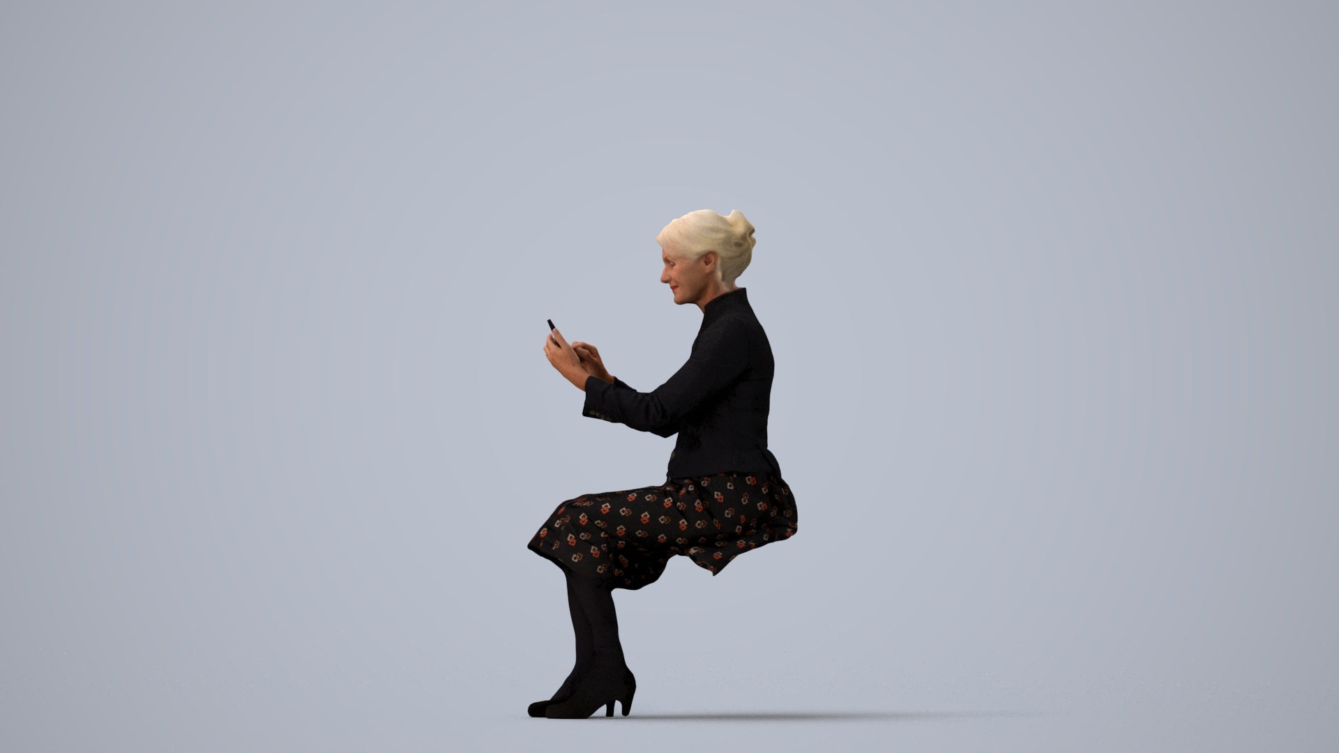 3D human model senior woman business sitting, photogrammetry scanned person for archviz, three-quarter view render
