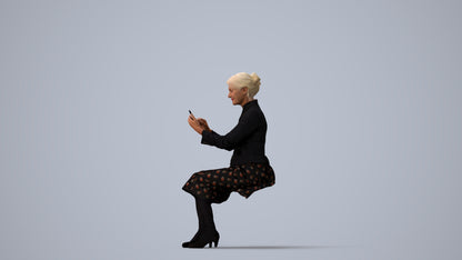 3D human model senior woman business sitting, photogrammetry scanned person for archviz, three-quarter view render
