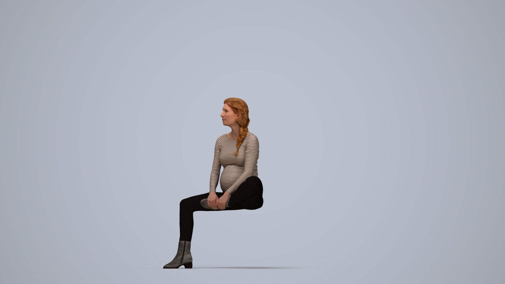 realistic 3D woman casual sitting, scanned archviz people for Blender and 3ds Max, top-down view render