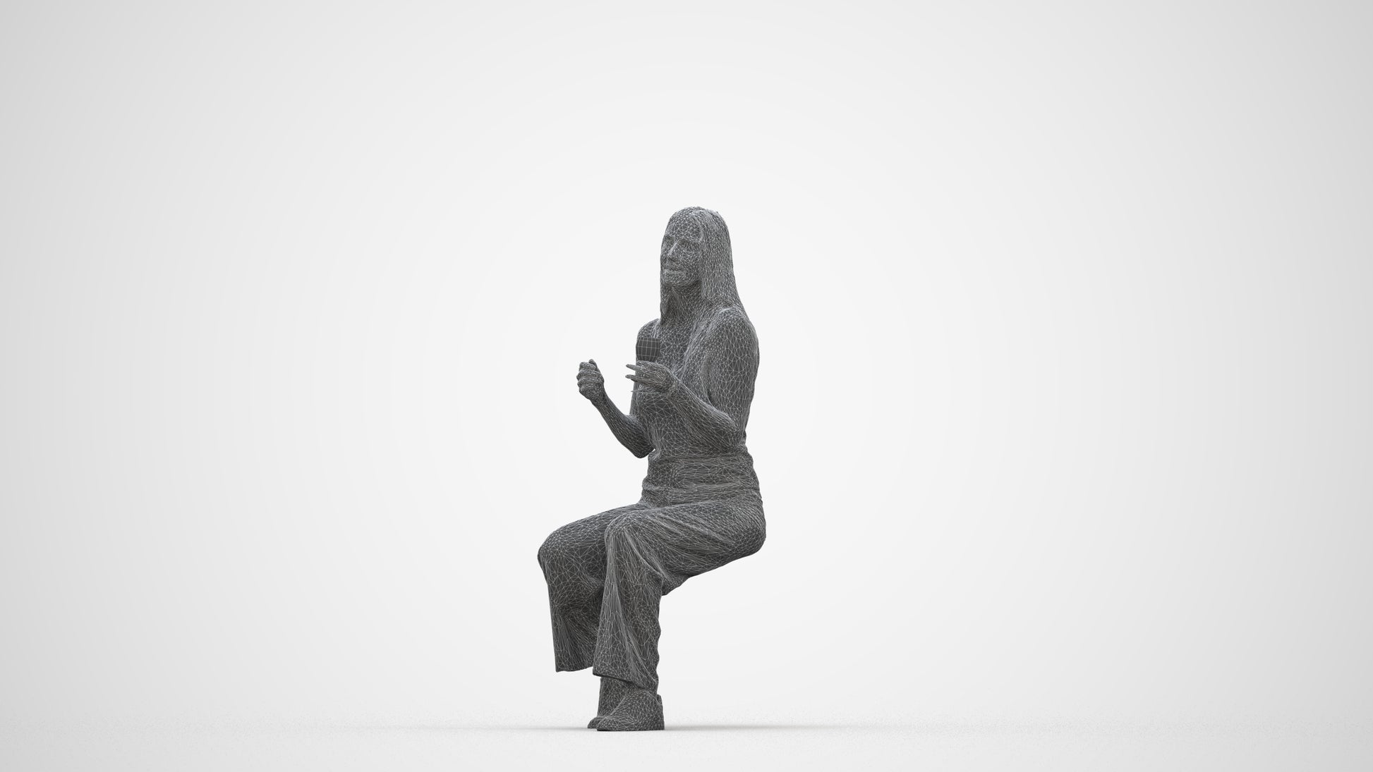 3D people model woman casual sitting, scanned human for 3ds Max rendering, wireframe back view
